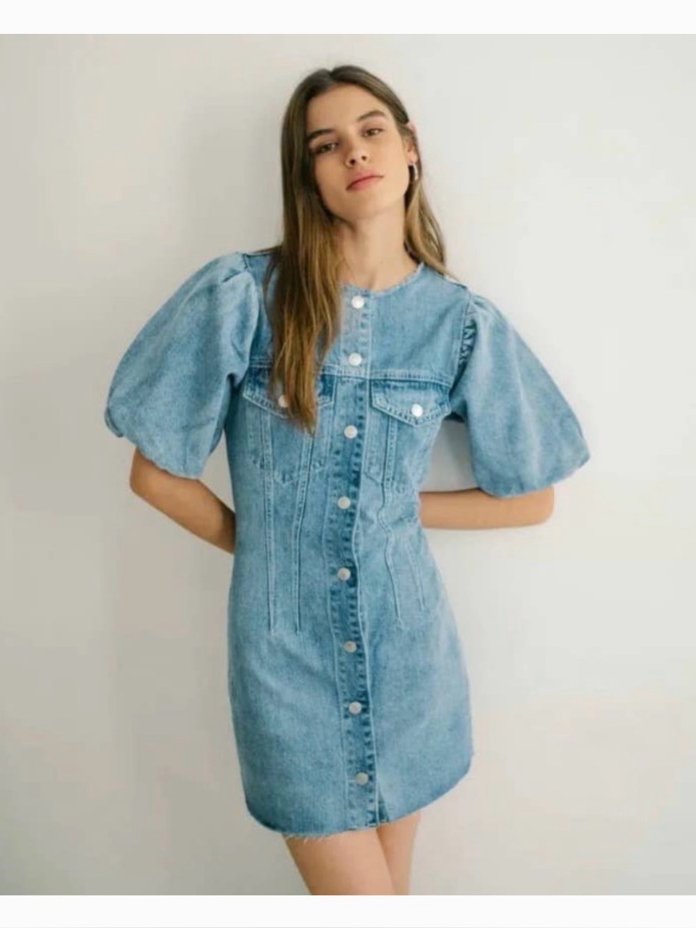 Bershka Puff Sleeve Button Down Denim Mini Dress